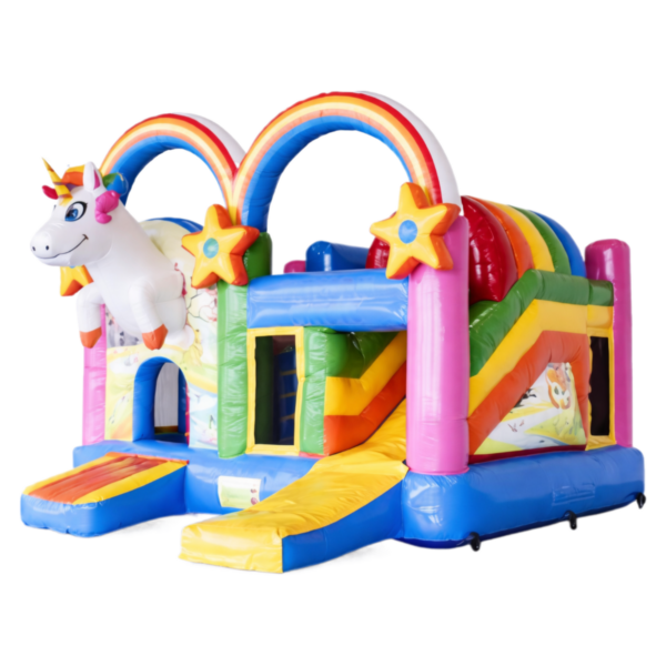 De Eenhoorn is een kleurrijk springkasteel dat volledig in het teken staat van unicorns en prinsessen.